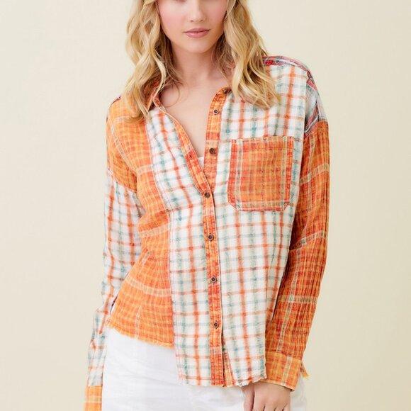 MYSTREE Plaid Button Down Shirt, Orange Multicolor Patchwork Check Top, Oversize - Picture 2 of 7